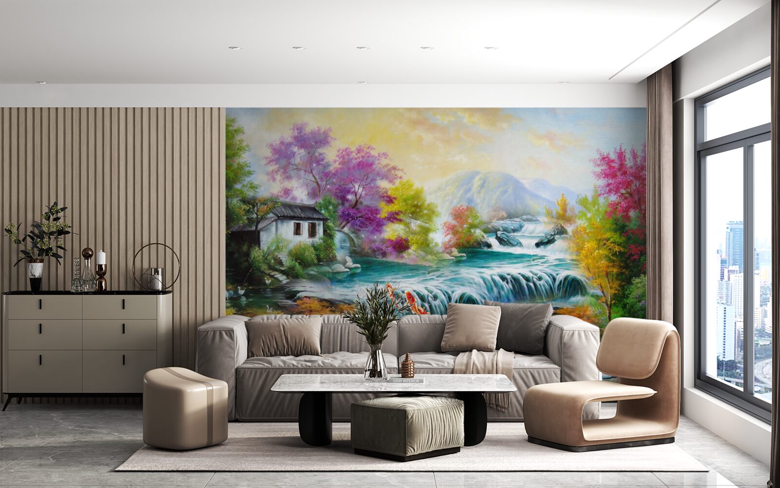 Фотошпалери восени в будинку гримить водоспад