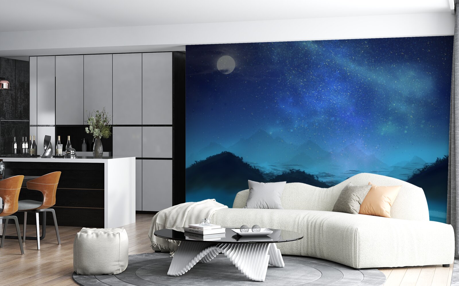 Фотошпалери Північне сяйво і зоряне небо над гірськими вершинами