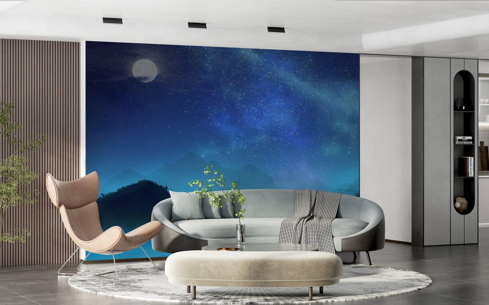 Фотошпалери Північне сяйво і зоряне небо над гірськими вершинами