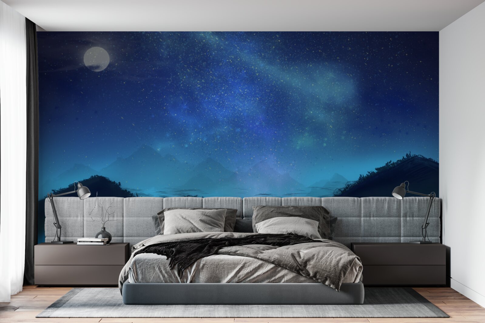 Фотошпалери Північне сяйво і зоряне небо над гірськими вершинами