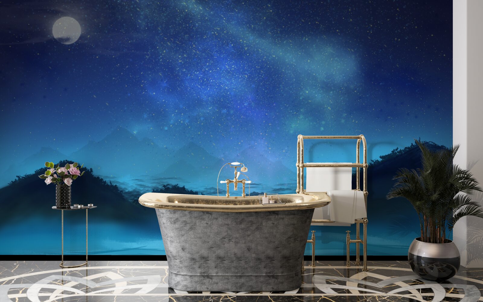 Фотошпалери Північне сяйво і зоряне небо над гірськими вершинами