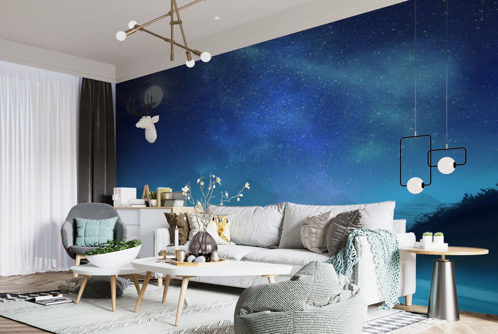 Фотошпалери Північне сяйво і зоряне небо над гірськими вершинами