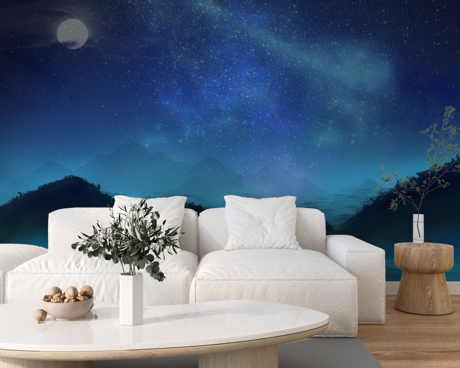 Фотошпалери Північне сяйво і зоряне небо над гірськими вершинами