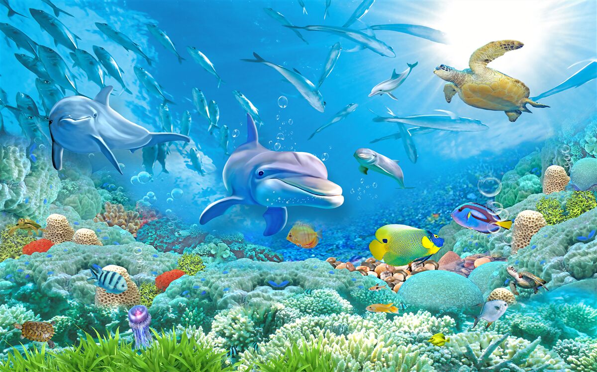 Фотошпалери морське царство з рибами, черепахами та дельфінами