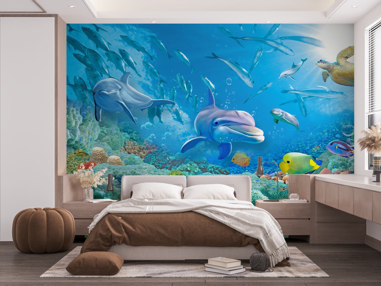 Фотошпалери морське царство з рибами, черепахами та дельфінами