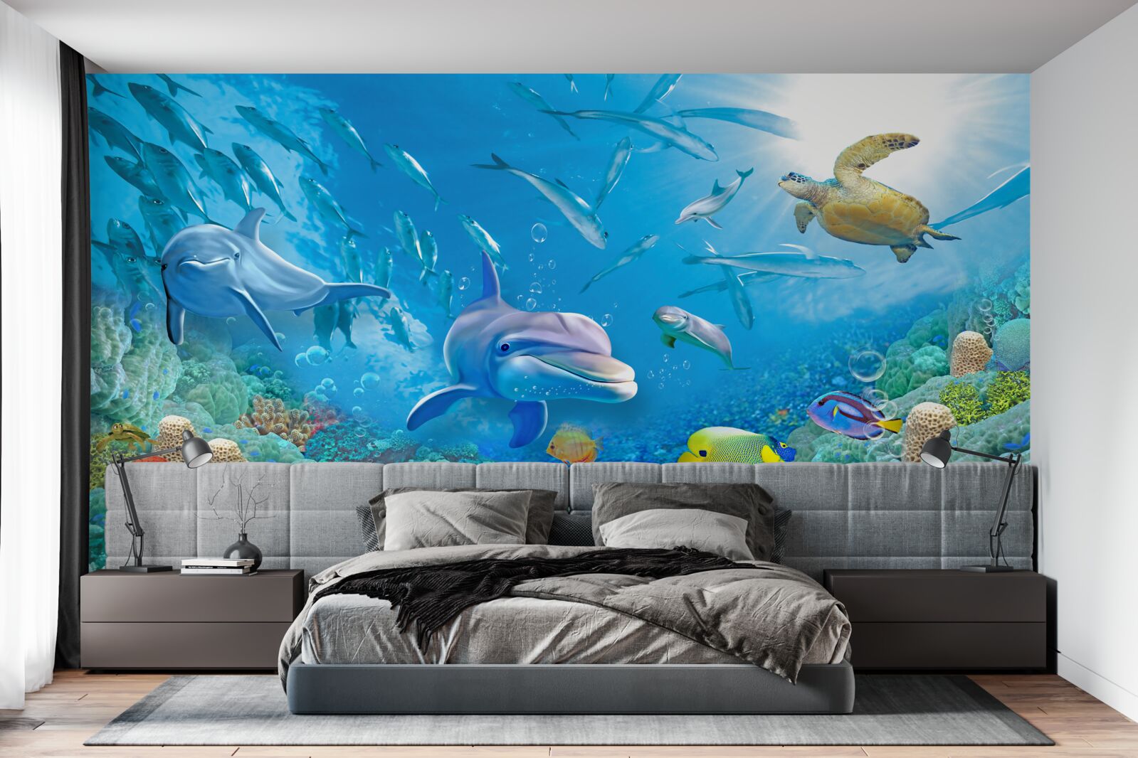 Фотошпалери морське царство з рибами, черепахами та дельфінами