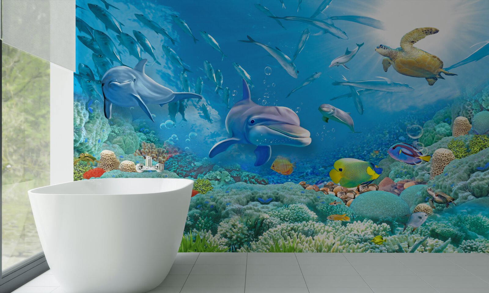 Фотошпалери морське царство з рибами, черепахами та дельфінами