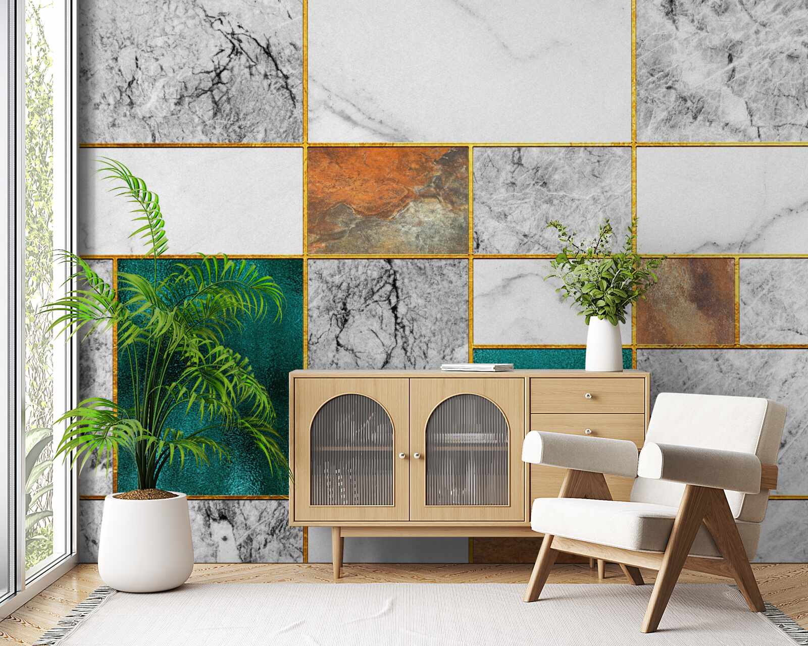 Фотошпалери смарагдова мозаїка зустрічається з сірою