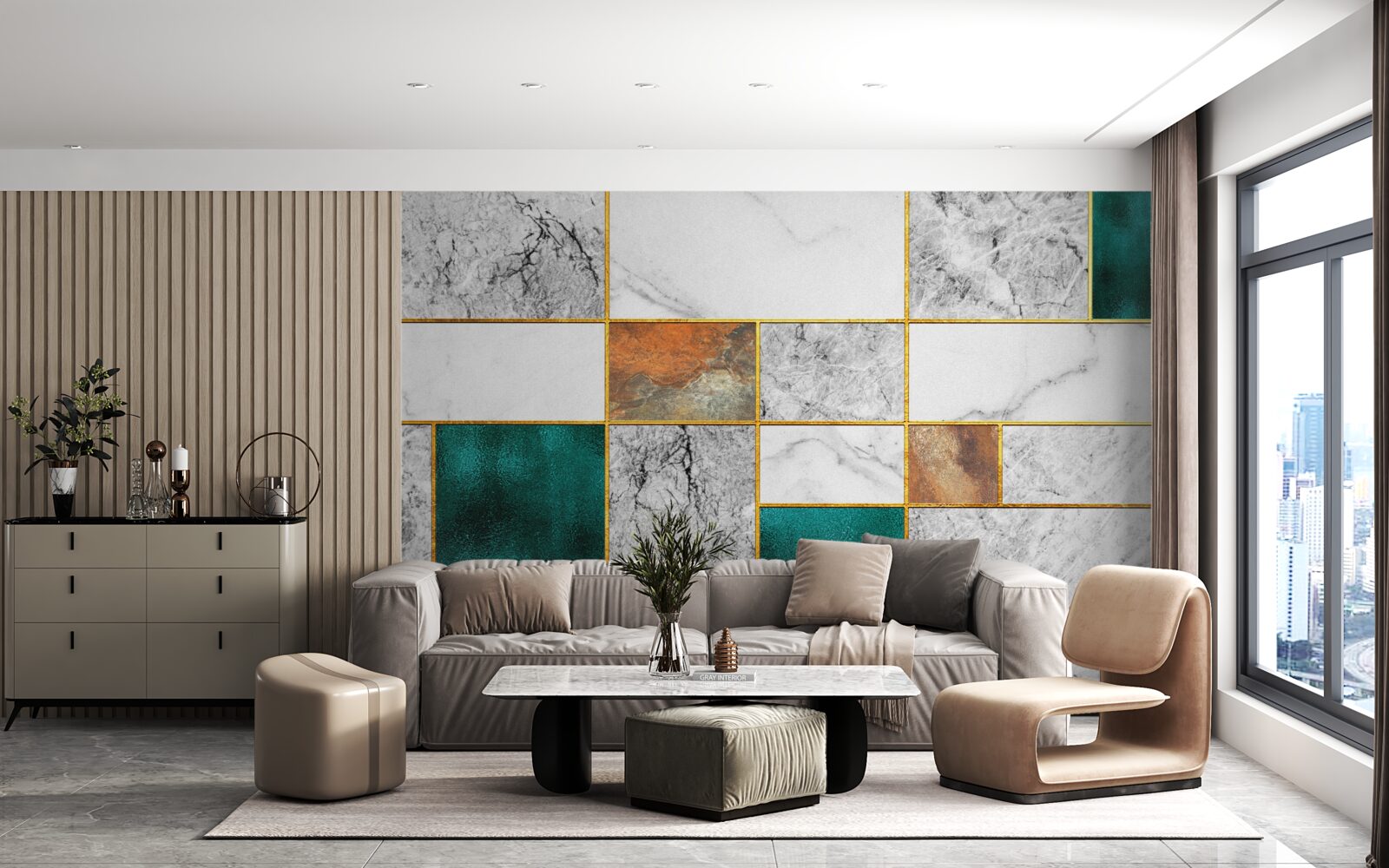 Фотошпалери смарагдова мозаїка зустрічається з сірою