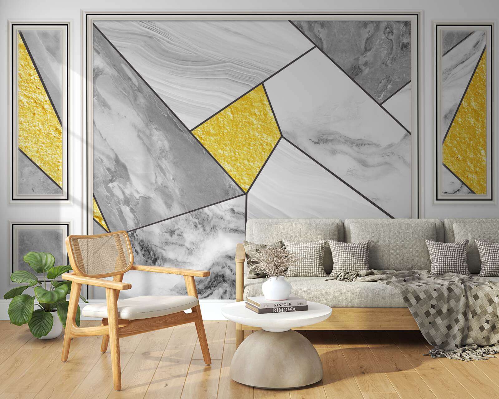 Фотошпалери сіра мозаїка з золотими елементами