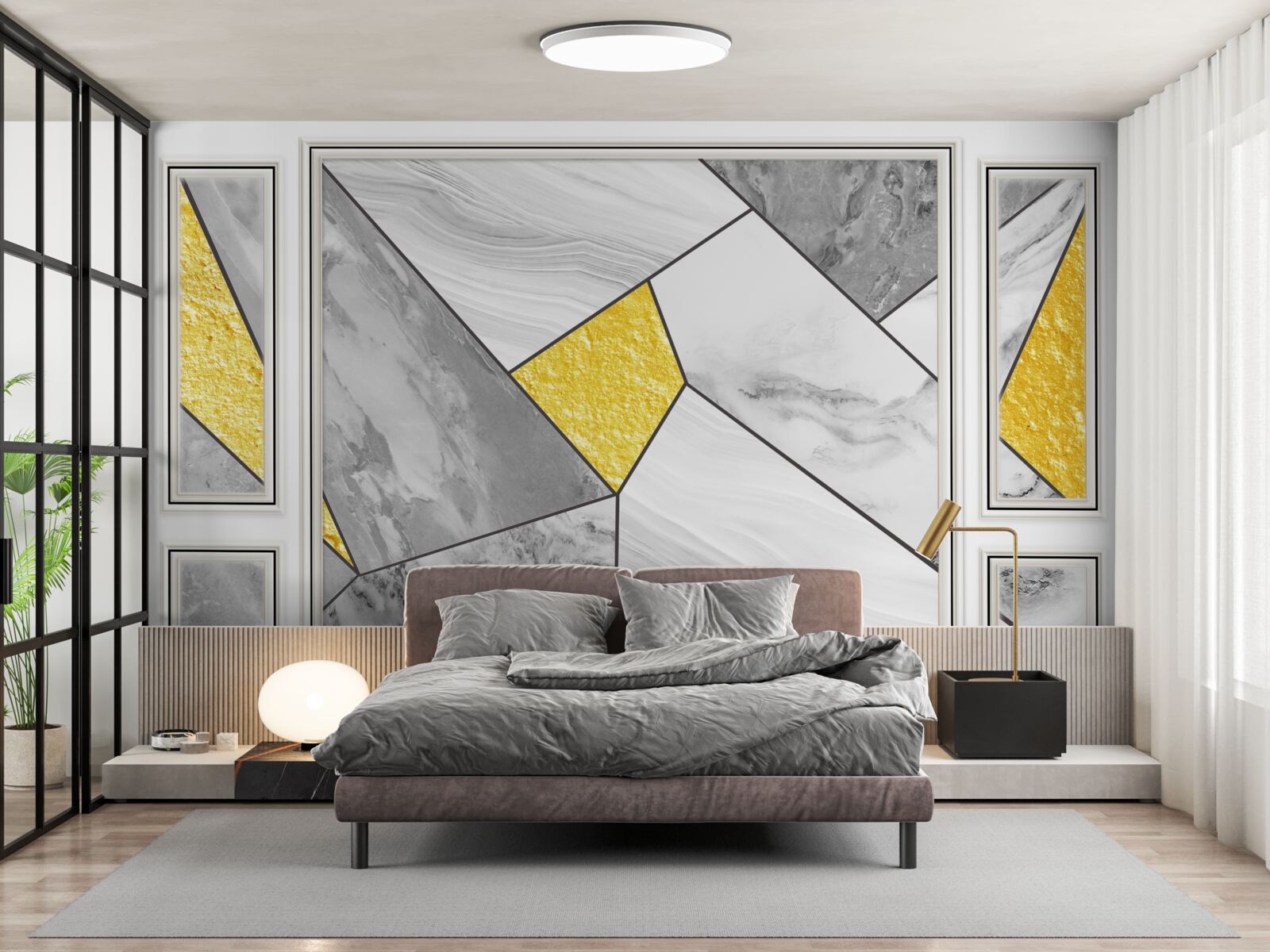 Фотошпалери сіра мозаїка з золотими елементами