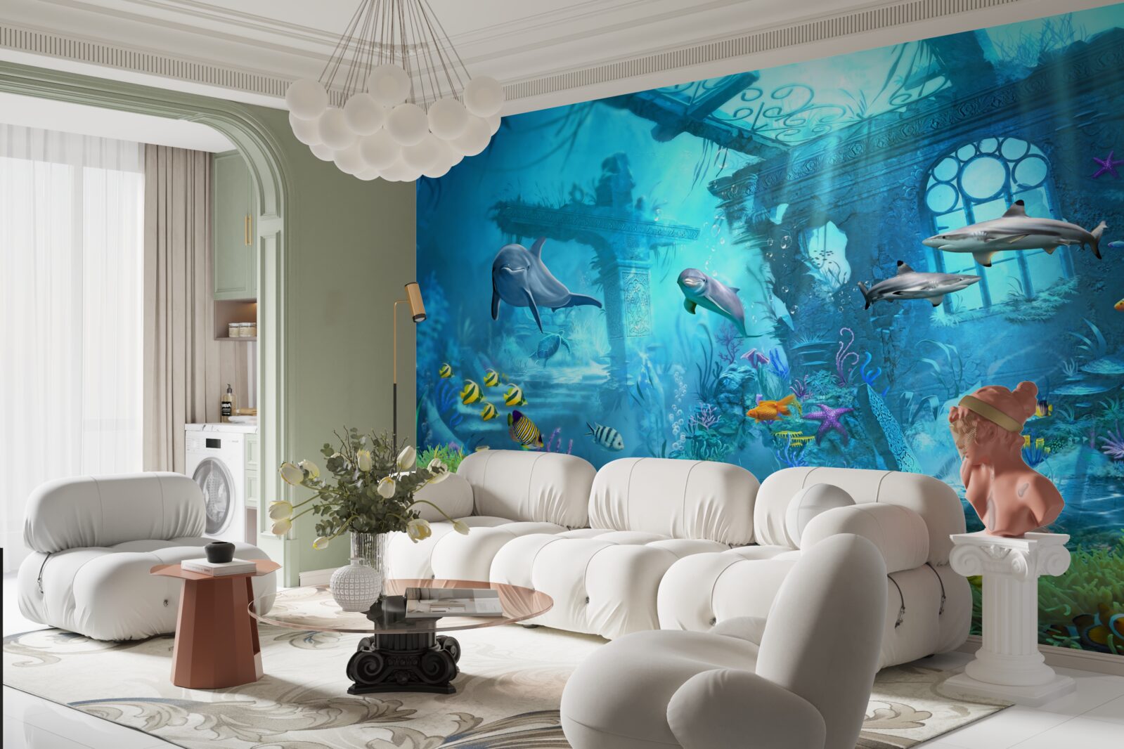 Фотошпалери дельфіни на дні моря