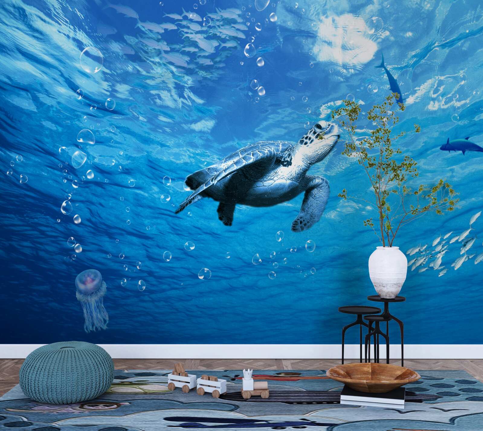 Фотошпалери синє море прикрашає морська черепаха