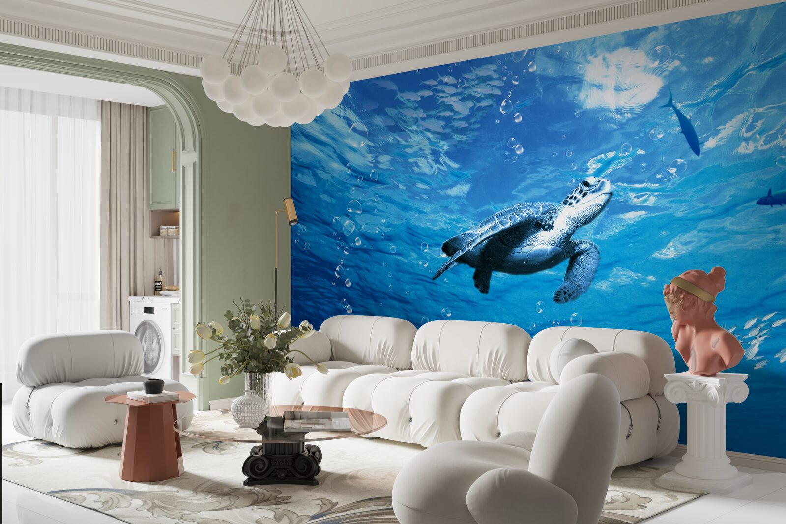 Фотошпалери синє море прикрашає морська черепаха