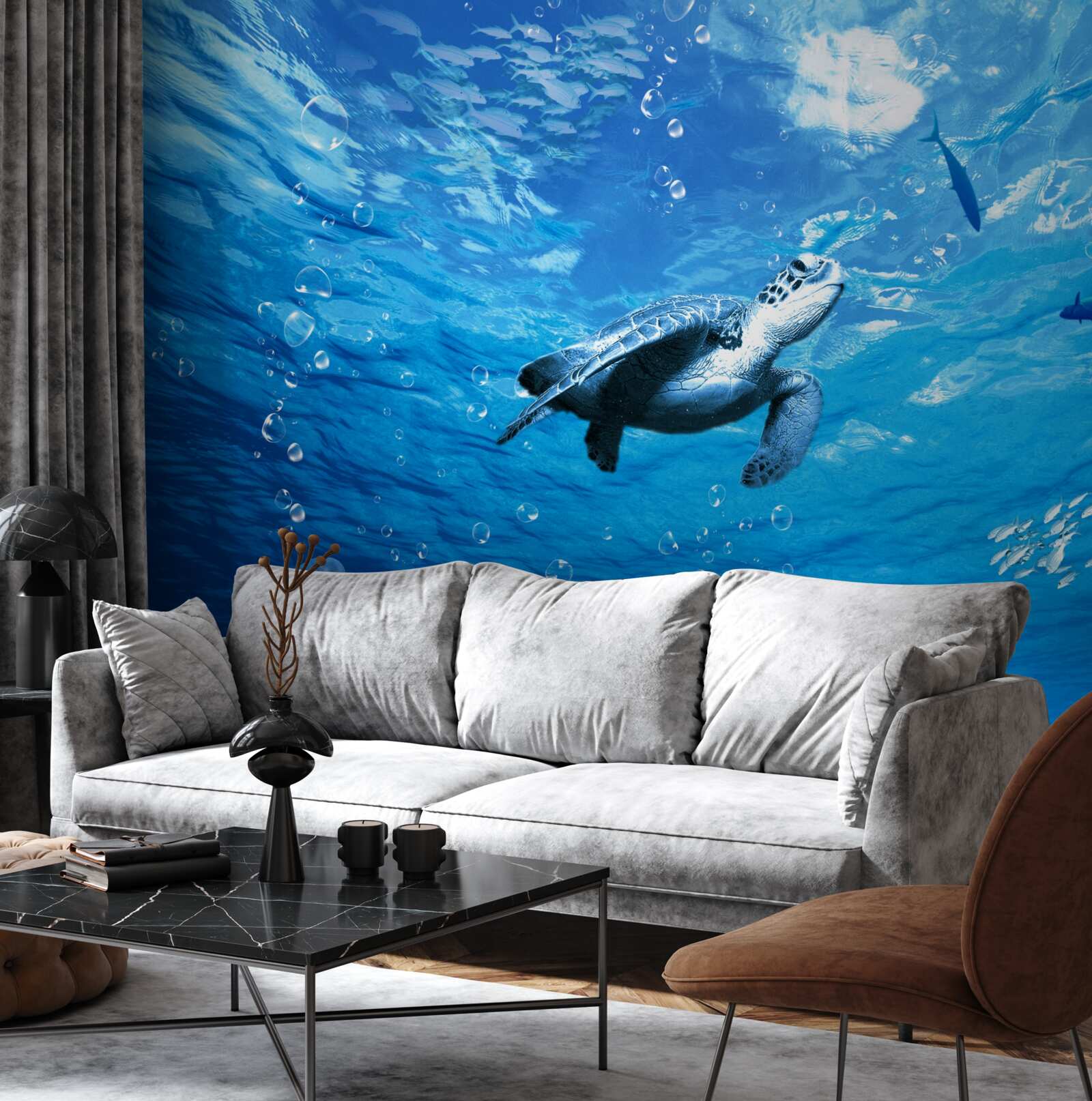 Фотошпалери синє море прикрашає морська черепаха