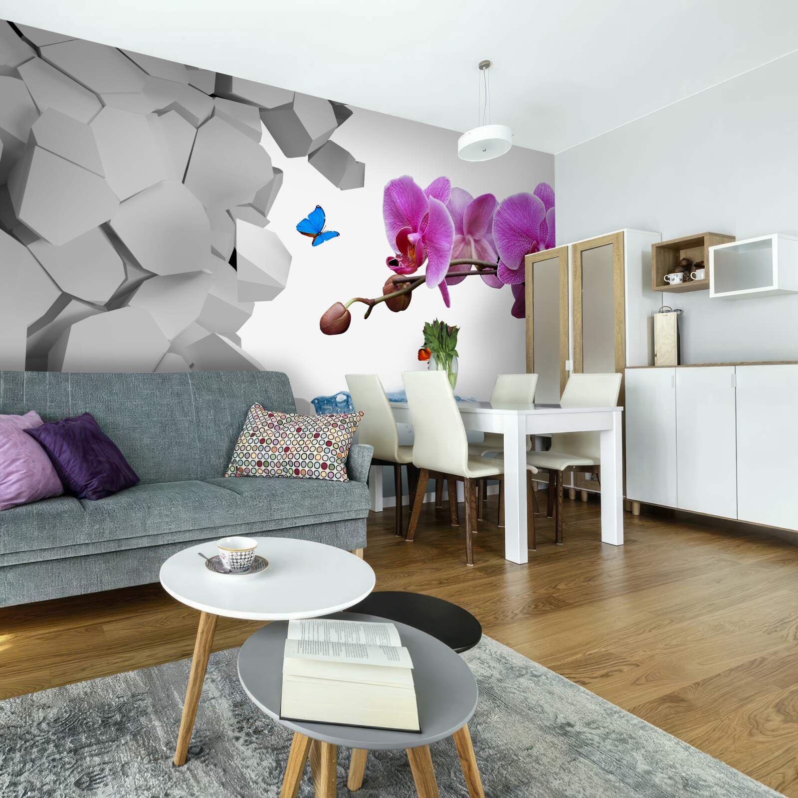 Фотошпалери фіолетова орхідея і метелики на гілці