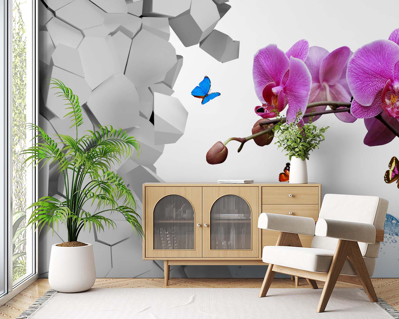 Фотошпалери фіолетова орхідея і метелики на гілці