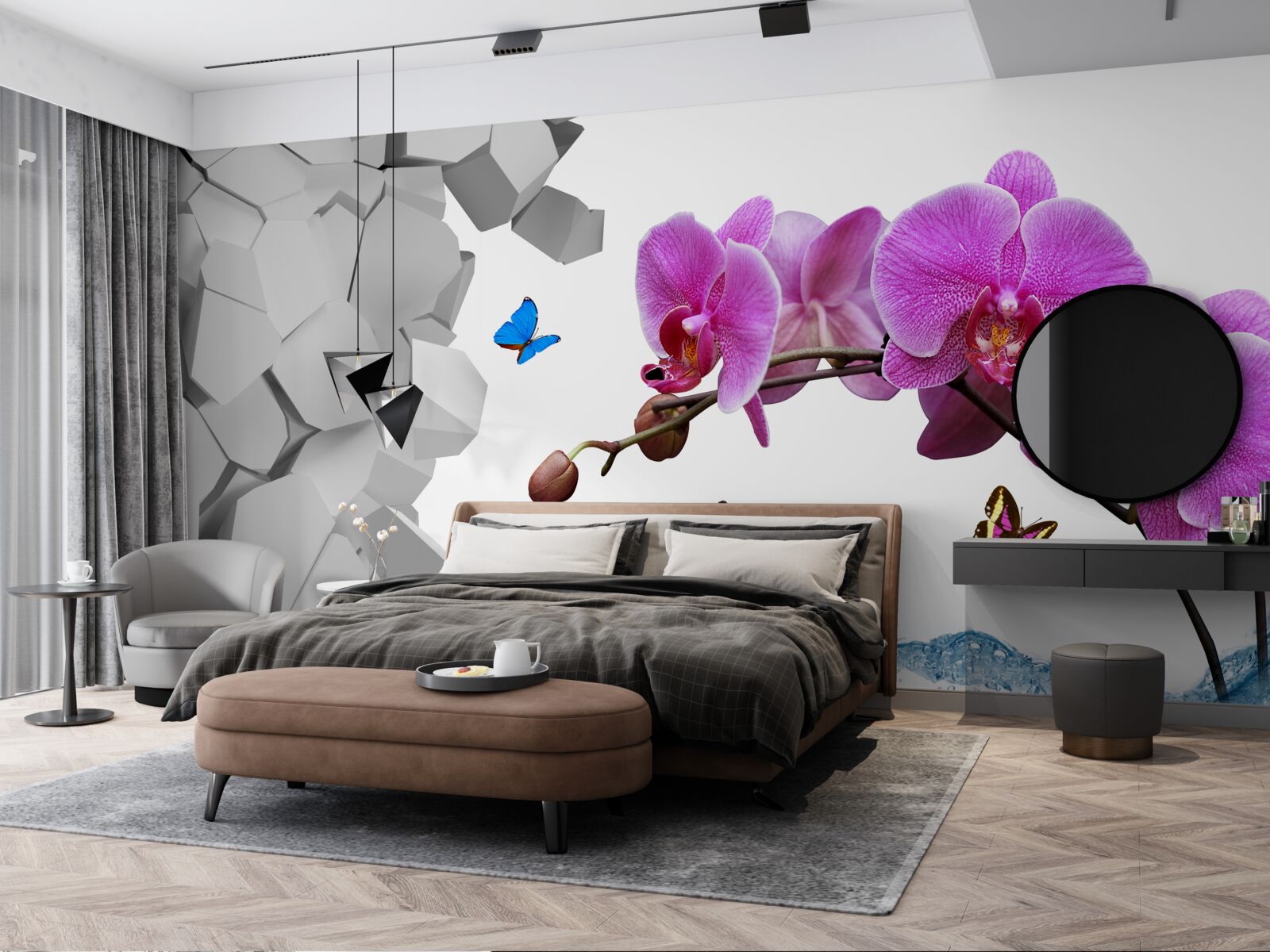 Фотошпалери фіолетова орхідея і метелики на гілці