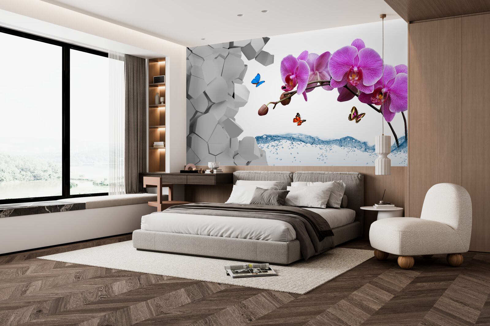 Фотошпалери фіолетова орхідея і метелики на гілці