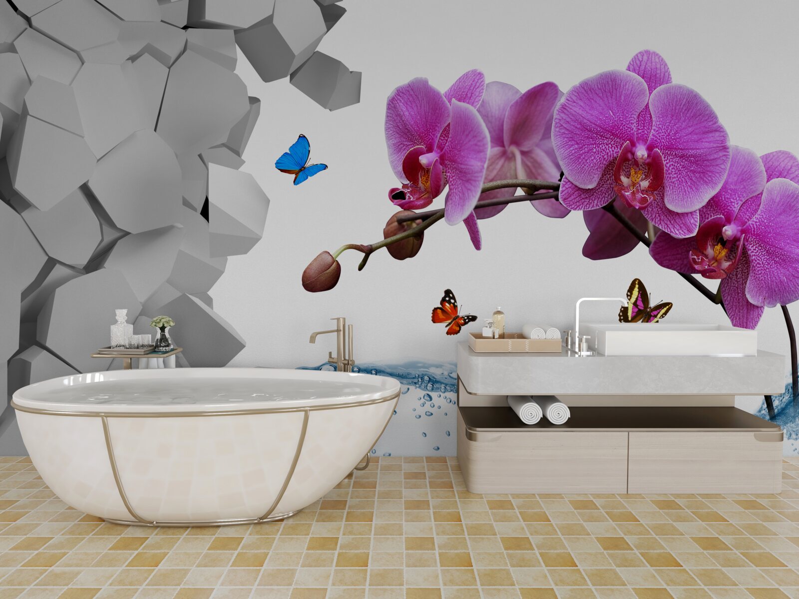 Фотошпалери фіолетова орхідея і метелики на гілці