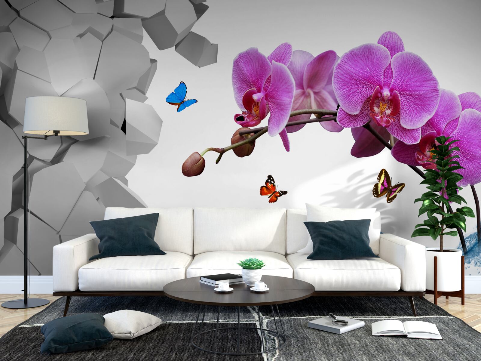Фотошпалери фіолетова орхідея і метелики на гілці
