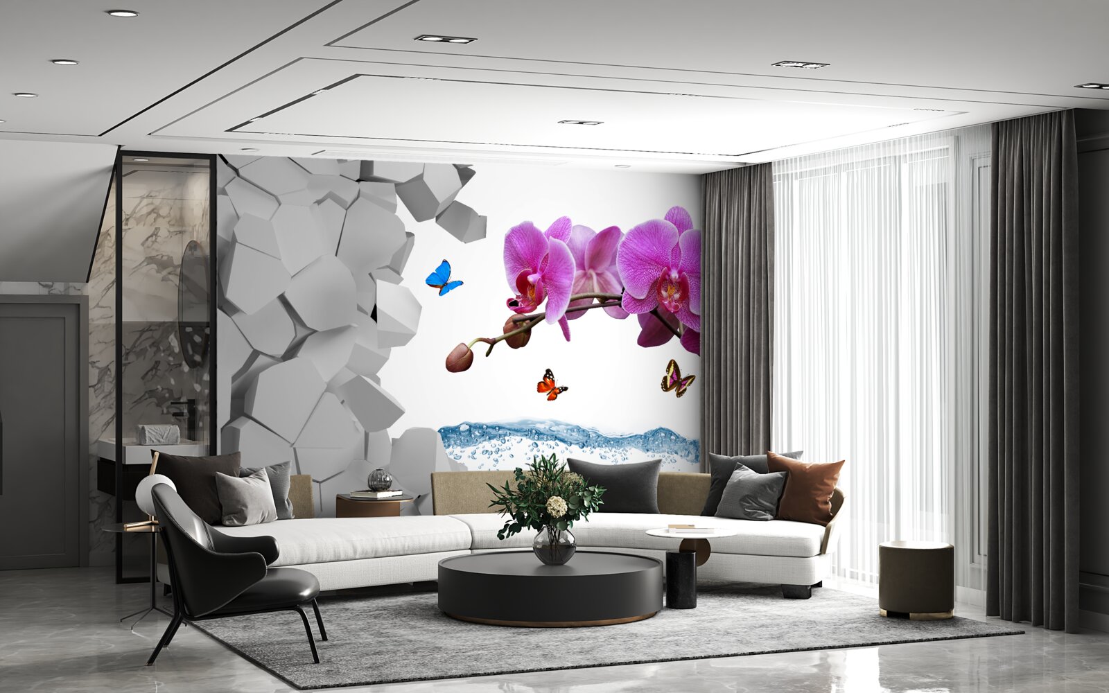 Фотошпалери фіолетова орхідея і метелики на гілці