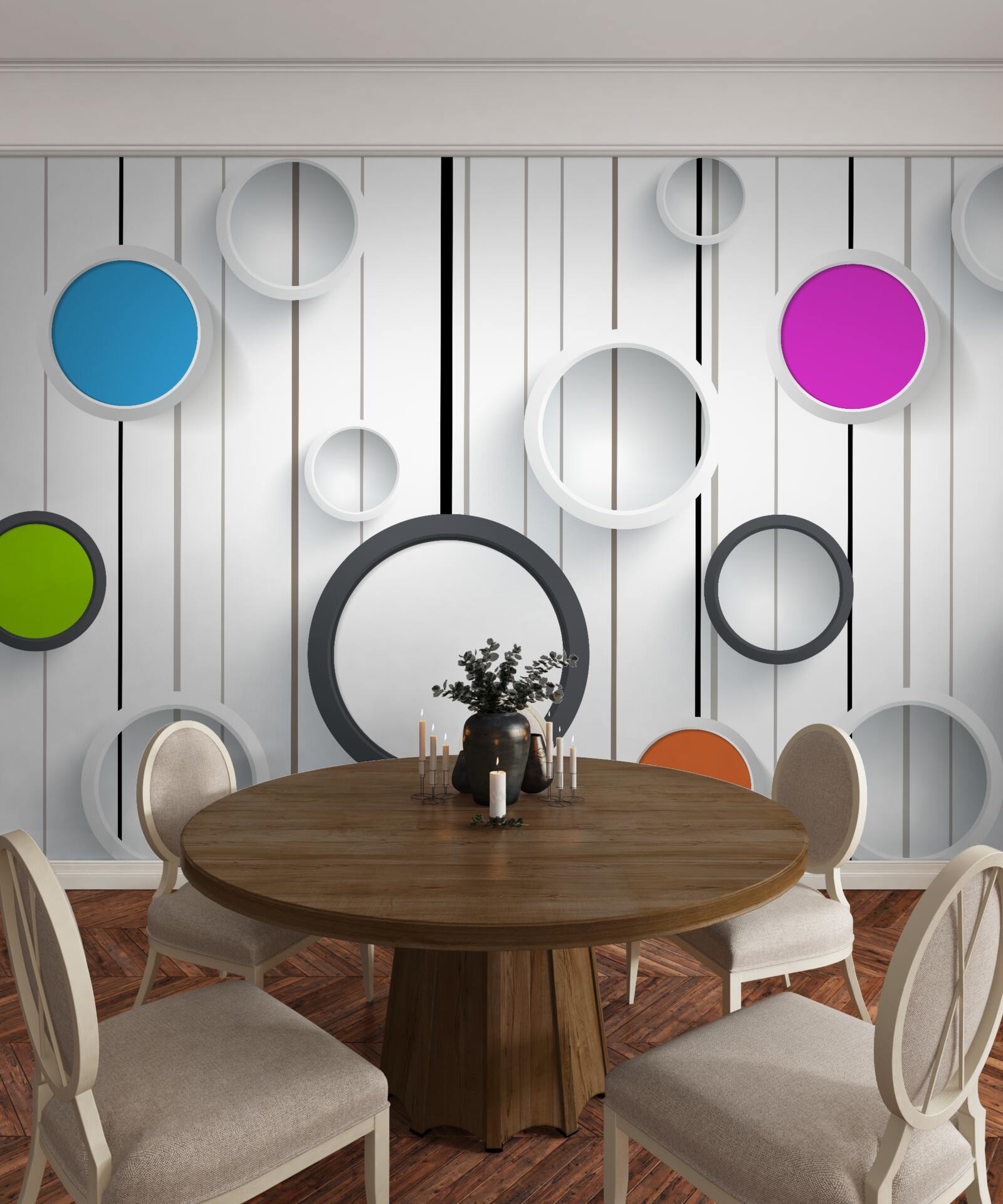 Фотошпалери різнокольорові кола на світлому паркеті