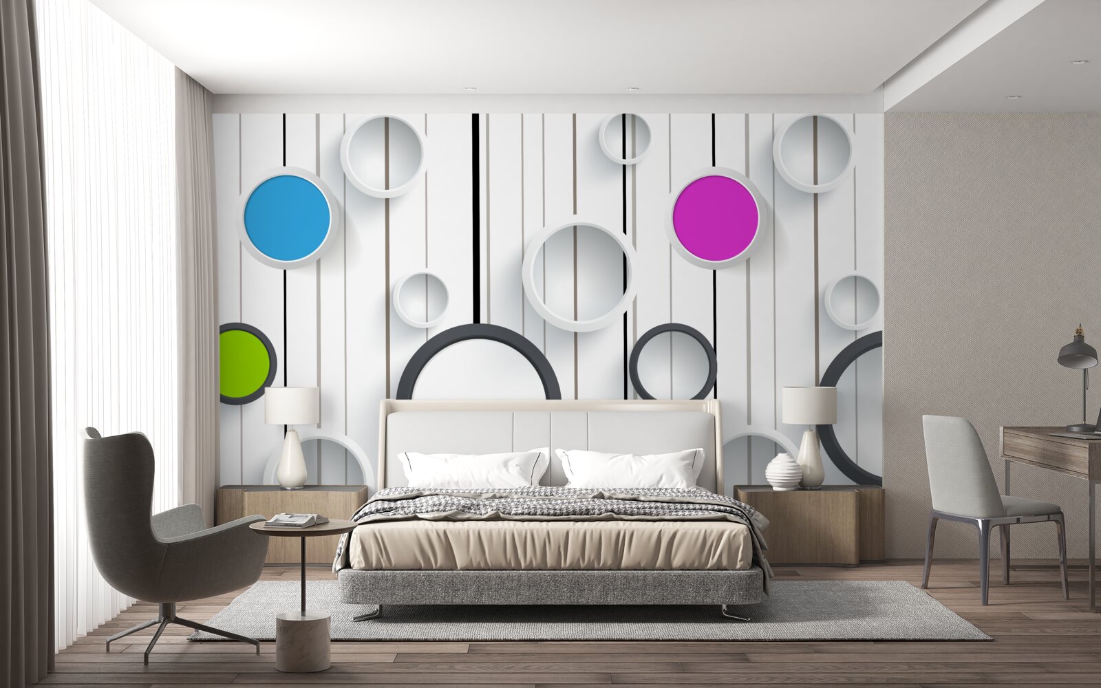 Фотошпалери різнокольорові кола на світлому паркеті