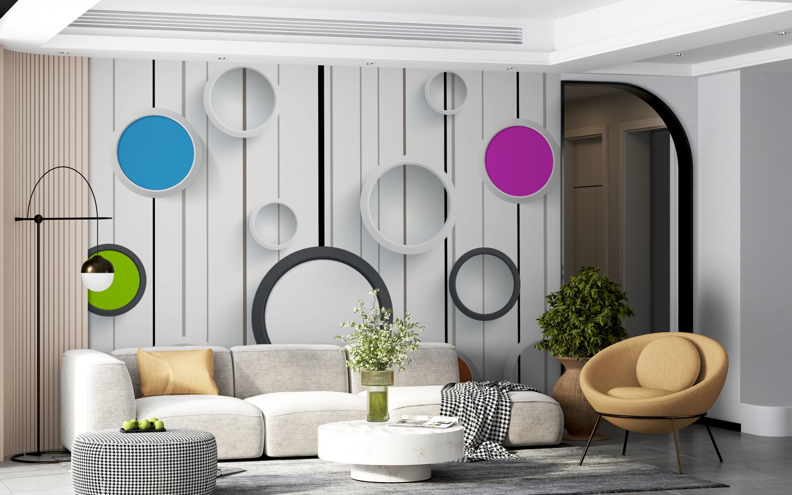 Фотошпалери різнокольорові кола на світлому паркеті