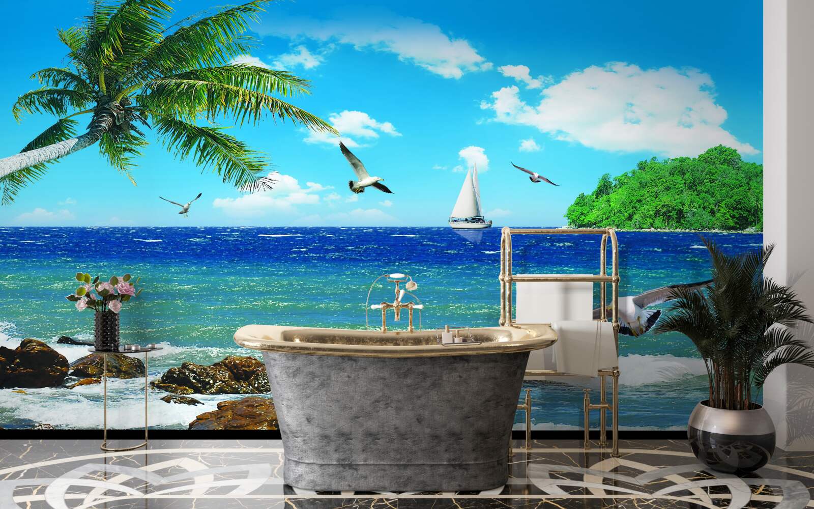 Фотошпалери бурхливе море та морські птахи