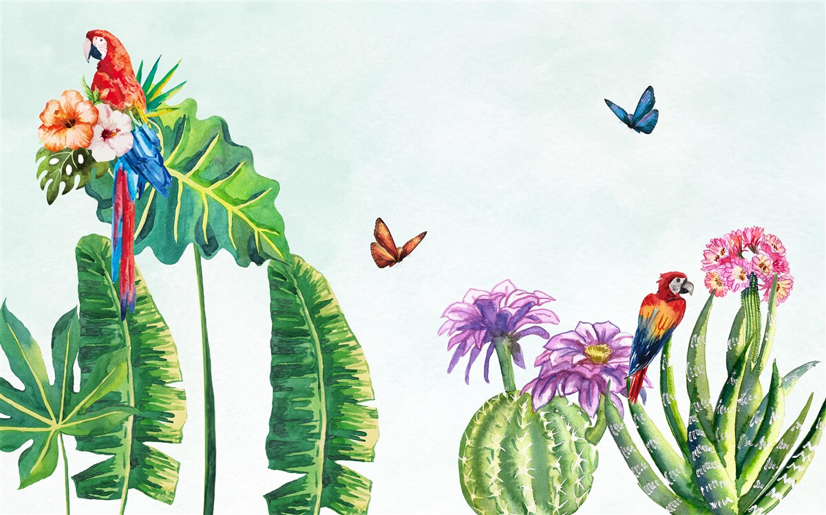 Фотошпалери серед зелені з'являються барвисті папуги та метелики