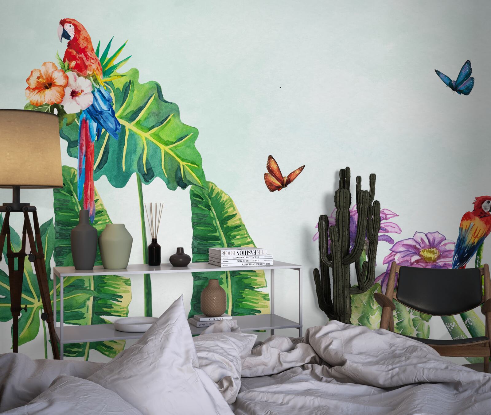 Фотошпалери серед зелені з'являються барвисті папуги та метелики