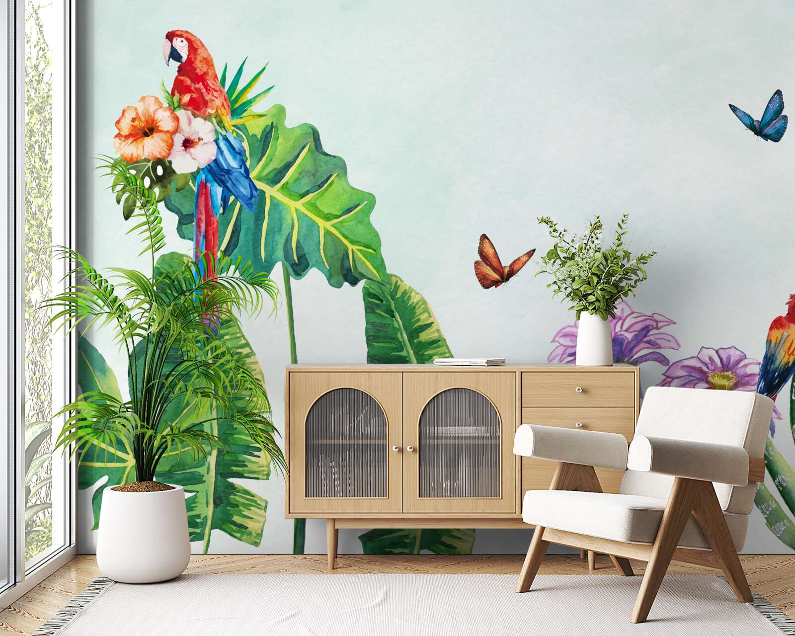 Фотошпалери серед зелені з'являються барвисті папуги та метелики