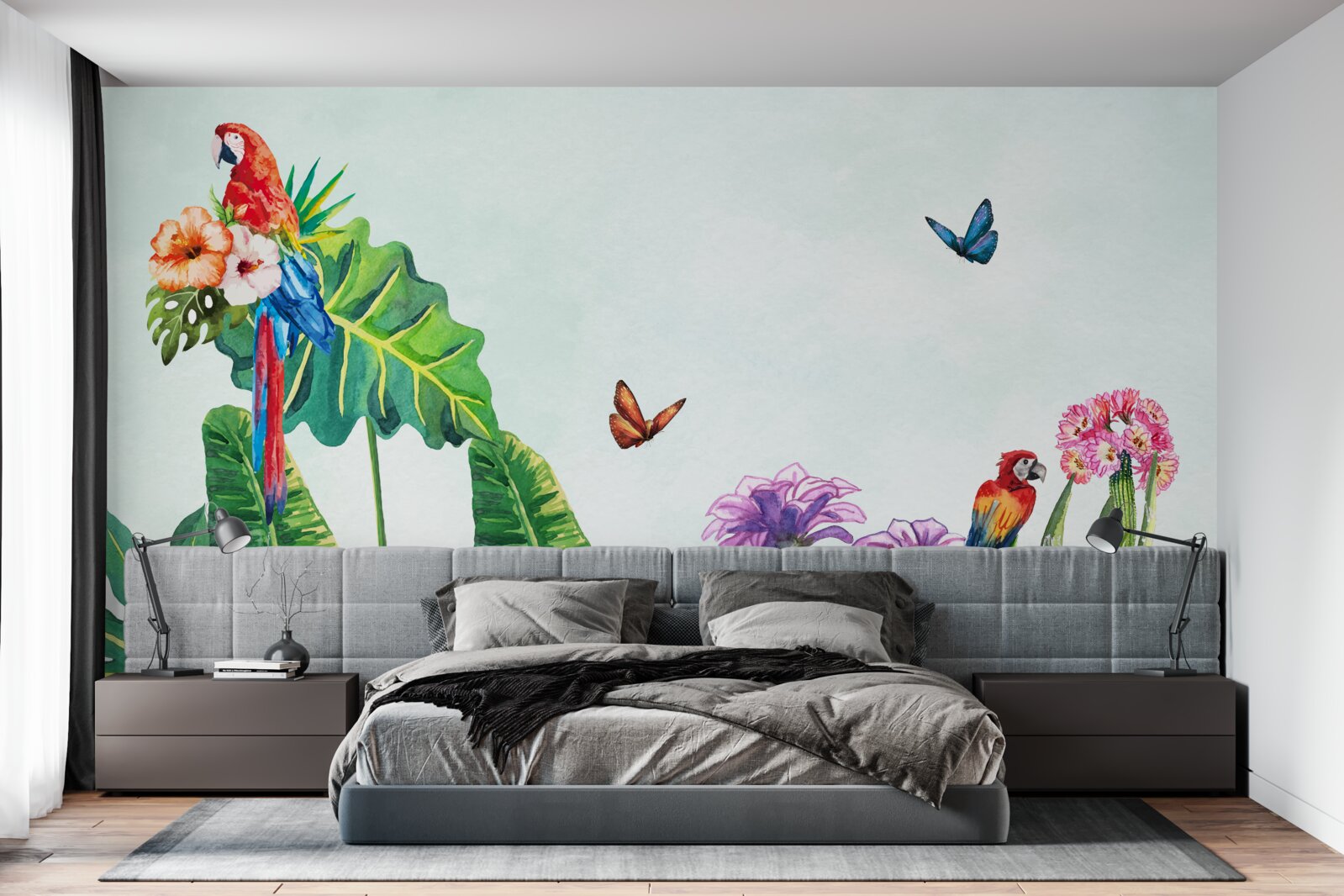 Фотошпалери серед зелені з'являються барвисті папуги та метелики