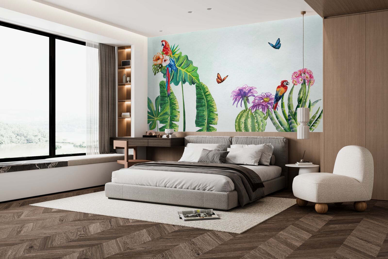 Фотошпалери серед зелені з'являються барвисті папуги та метелики