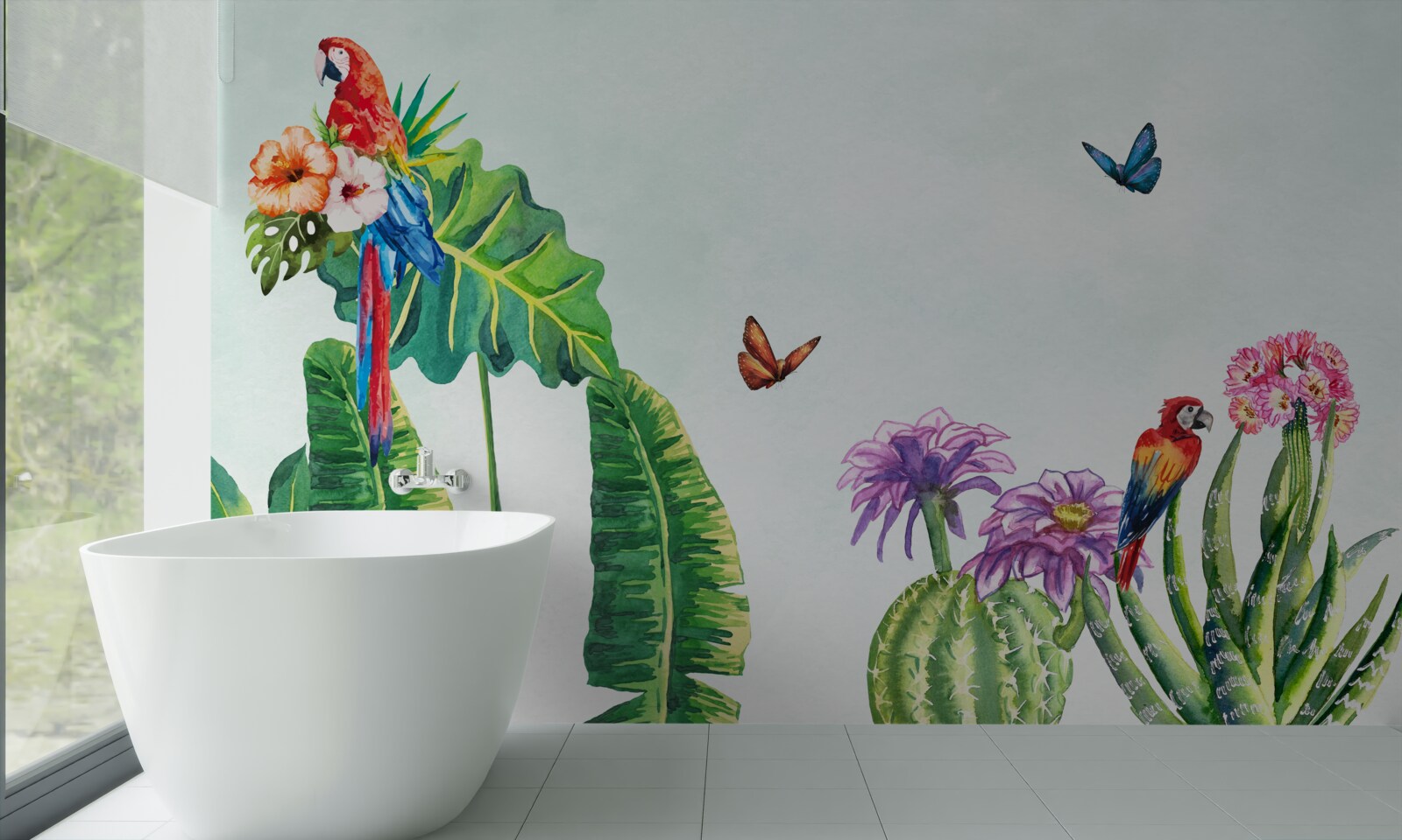 Фотошпалери серед зелені з'являються барвисті папуги та метелики