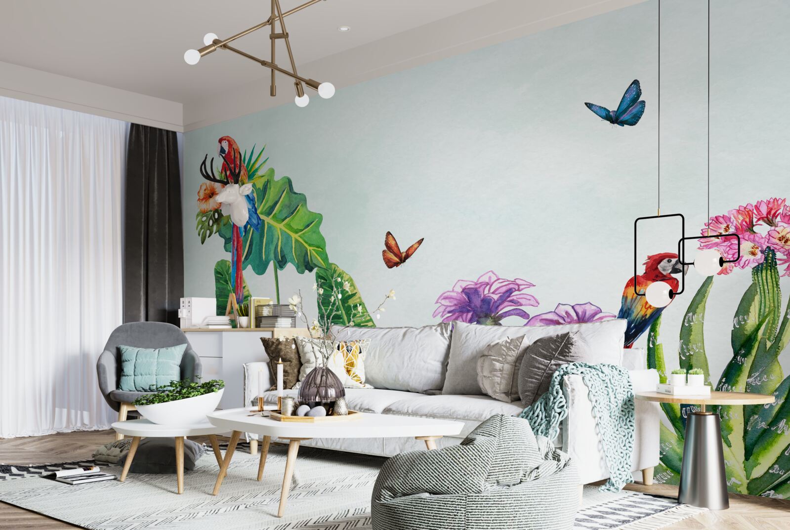 Фотошпалери серед зелені з'являються барвисті папуги та метелики