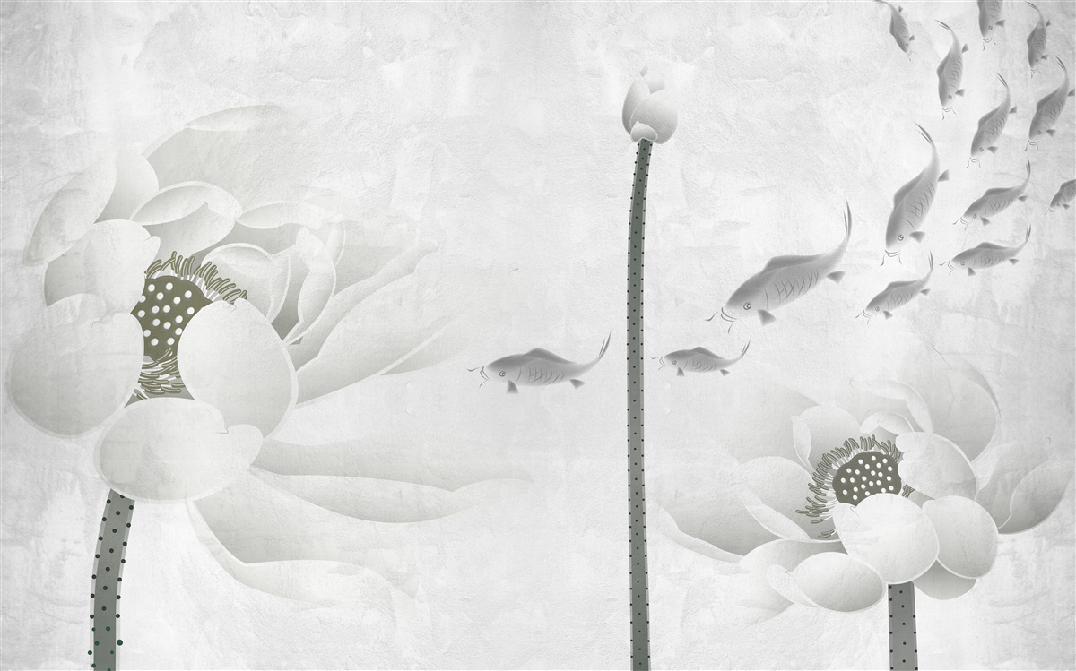 Фотошпалери білі квіти дивляться, як повз них пропливає риба