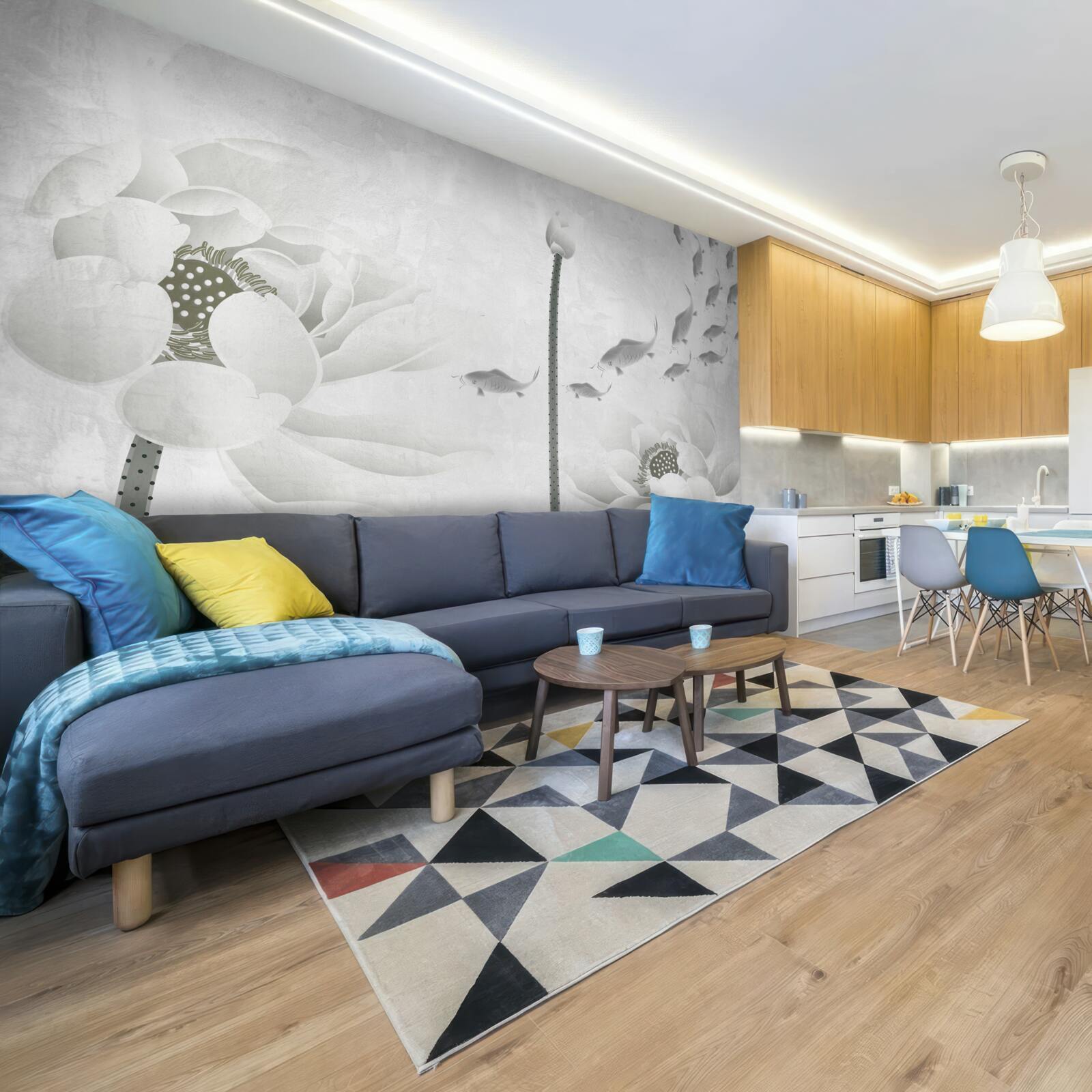 Фотошпалери білі квіти дивляться, як повз них пропливає риба