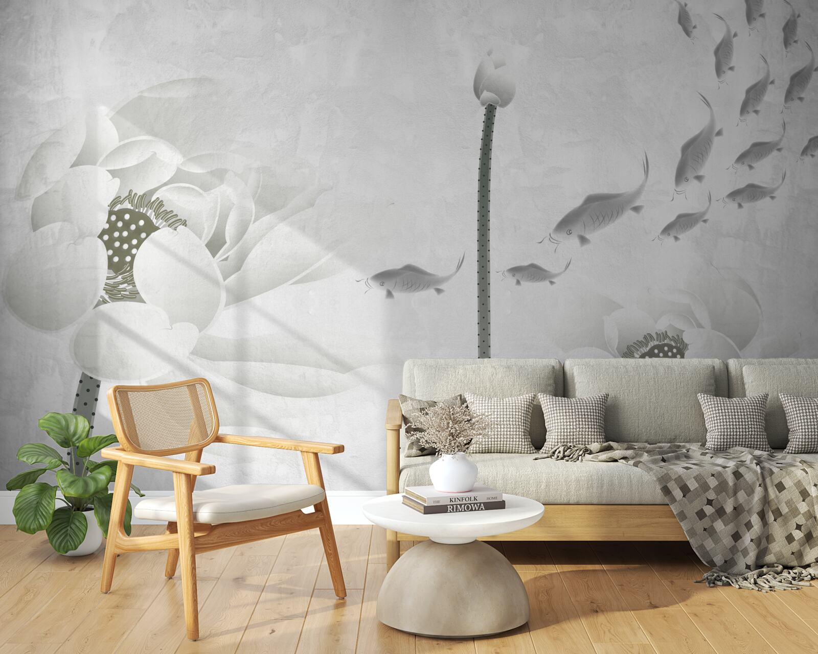 Фотошпалери білі квіти дивляться, як повз них пропливає риба