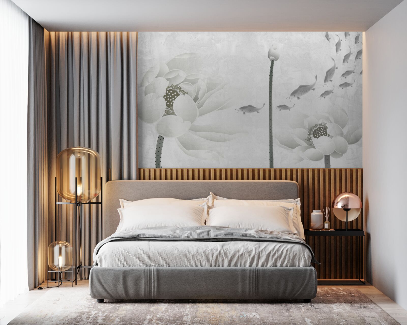 Фотошпалери білі квіти дивляться, як повз них пропливає риба