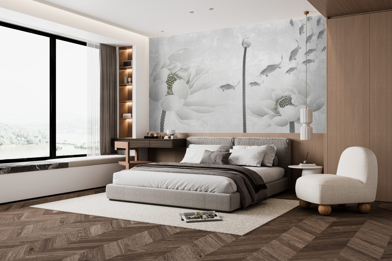 Фотошпалери білі квіти дивляться, як повз них пропливає риба