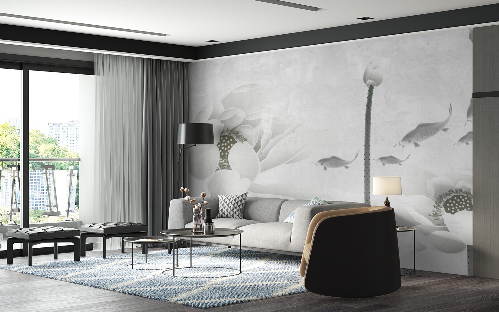 Фотошпалери білі квіти дивляться, як повз них пропливає риба