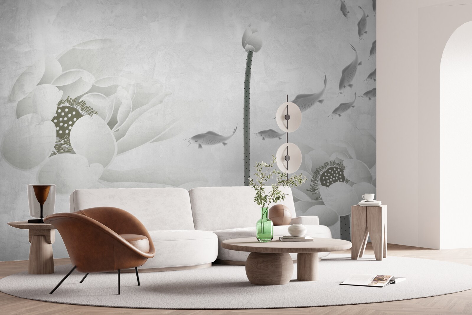 Фотошпалери білі квіти дивляться, як повз них пропливає риба