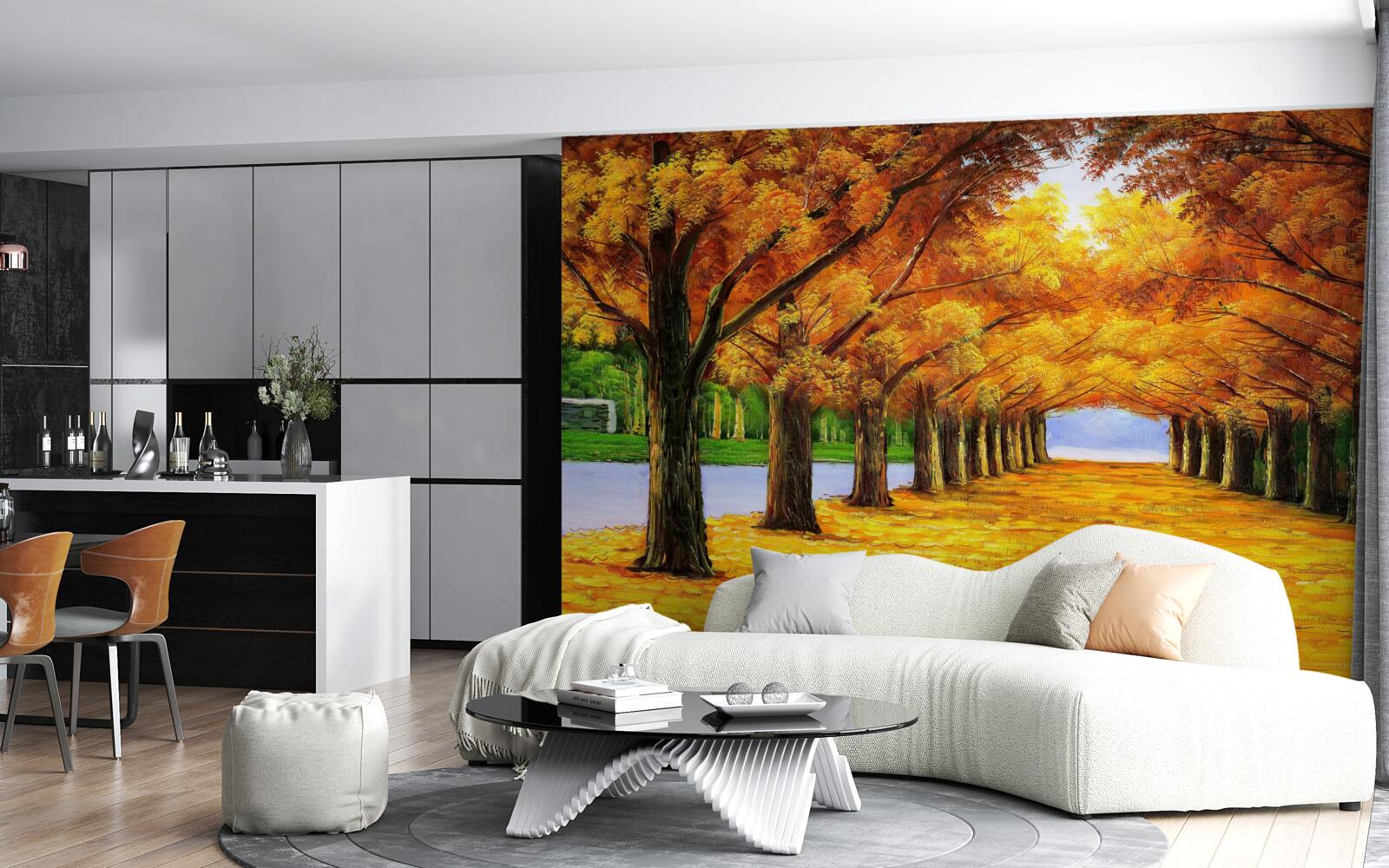 Фотошпалери осінній період у парку з деревами, вкритими листям