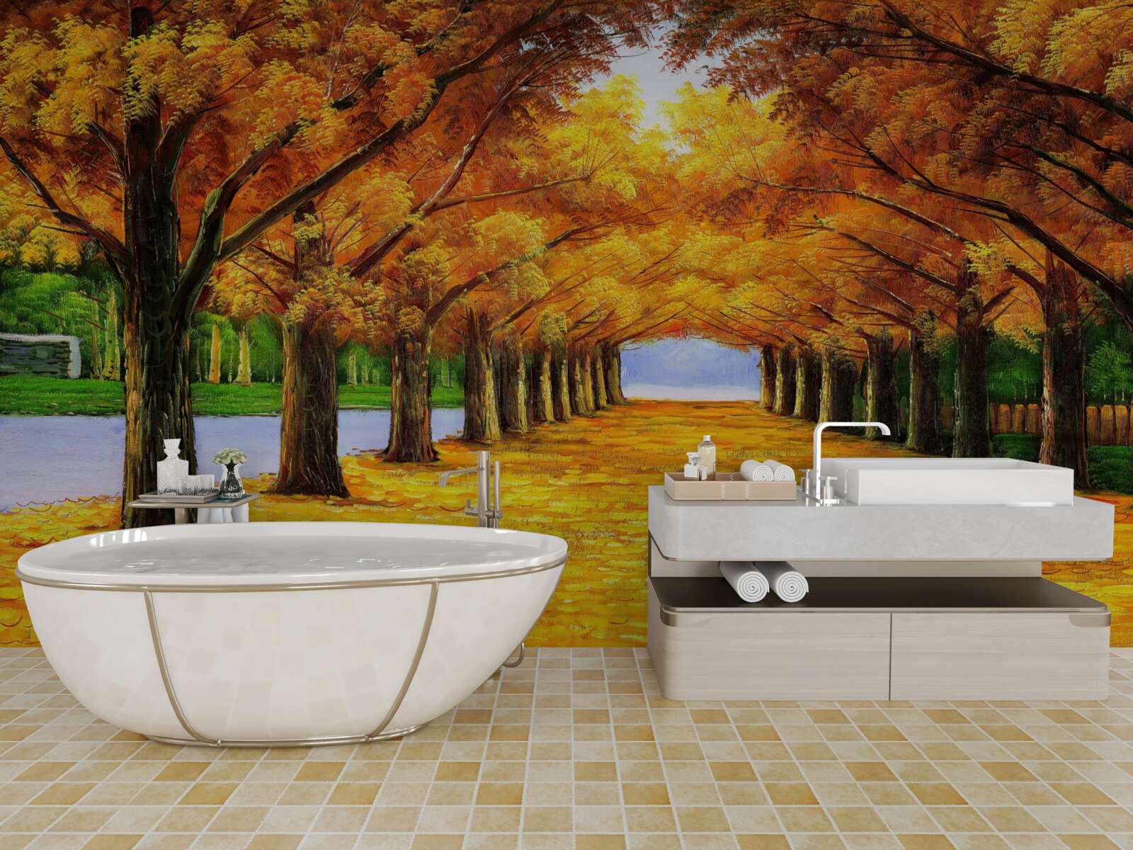 Фотошпалери осінній період у парку з деревами, вкритими листям