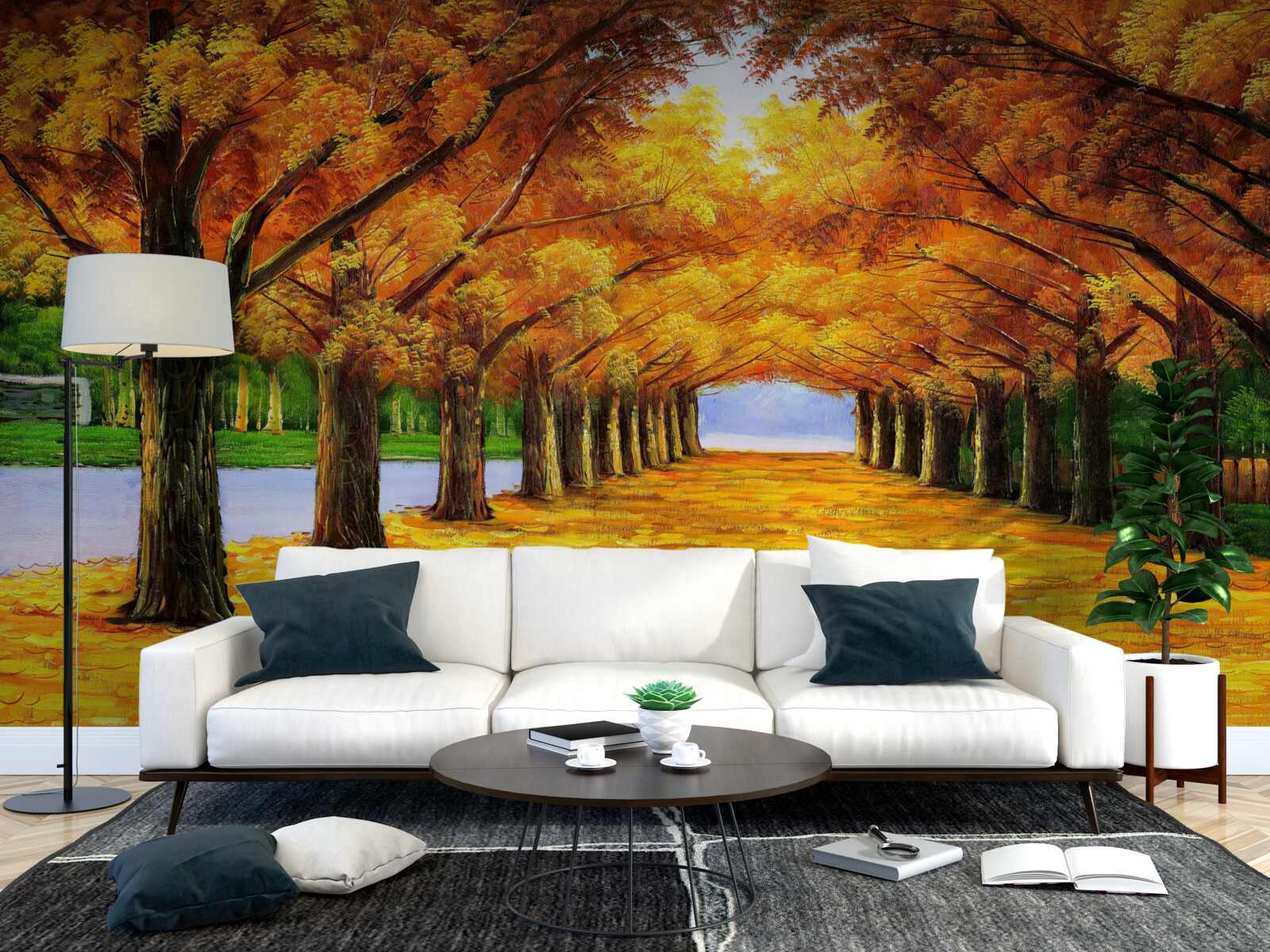 Фотошпалери осінній період у парку з деревами, вкритими листям