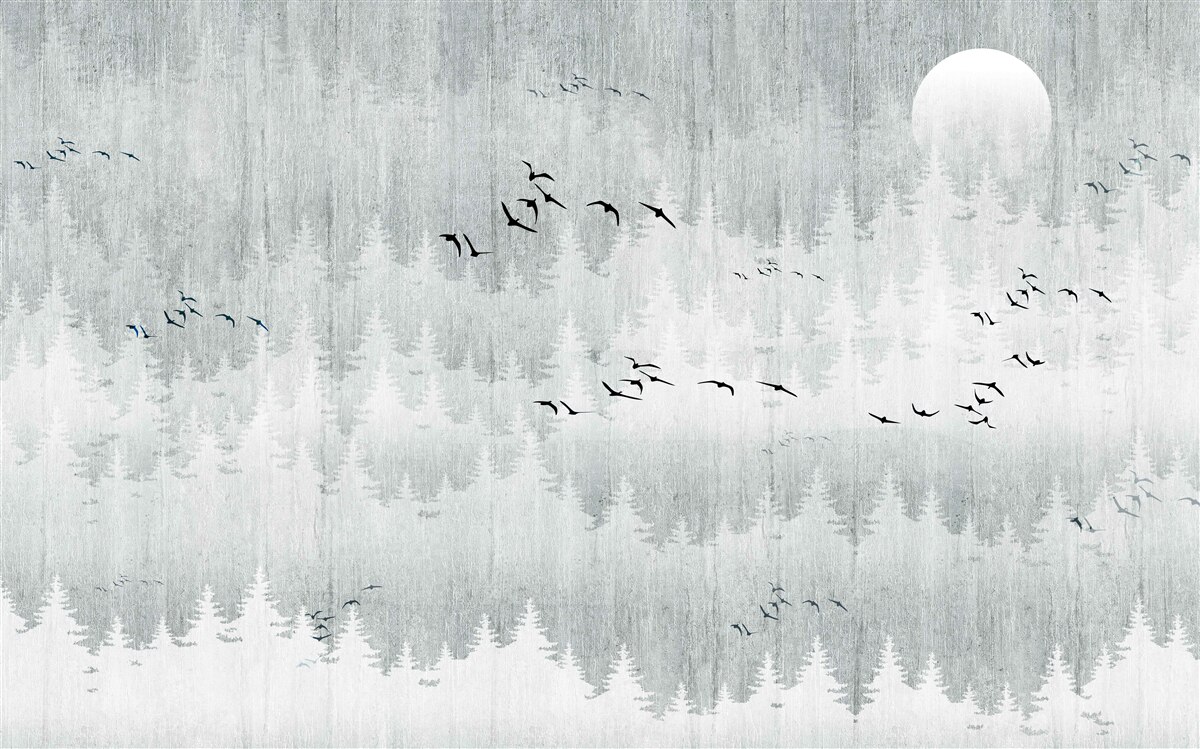 Фотошпалери птахи пролітають над лісом, вкритим туманом
