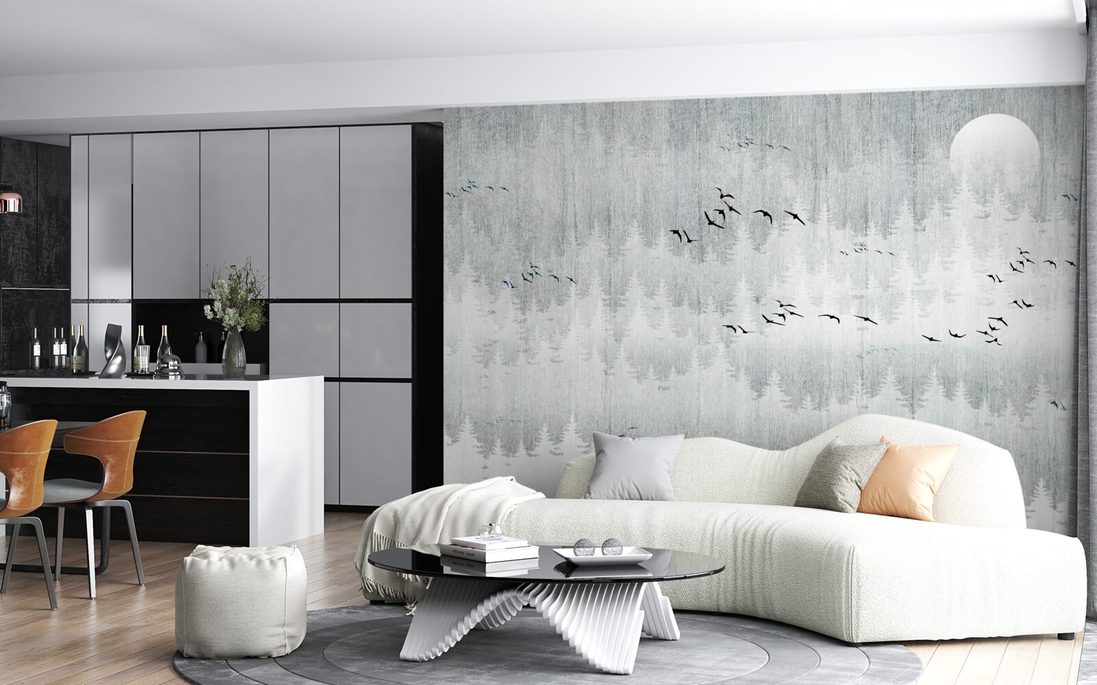 Фотошпалери птахи пролітають над лісом, вкритим туманом