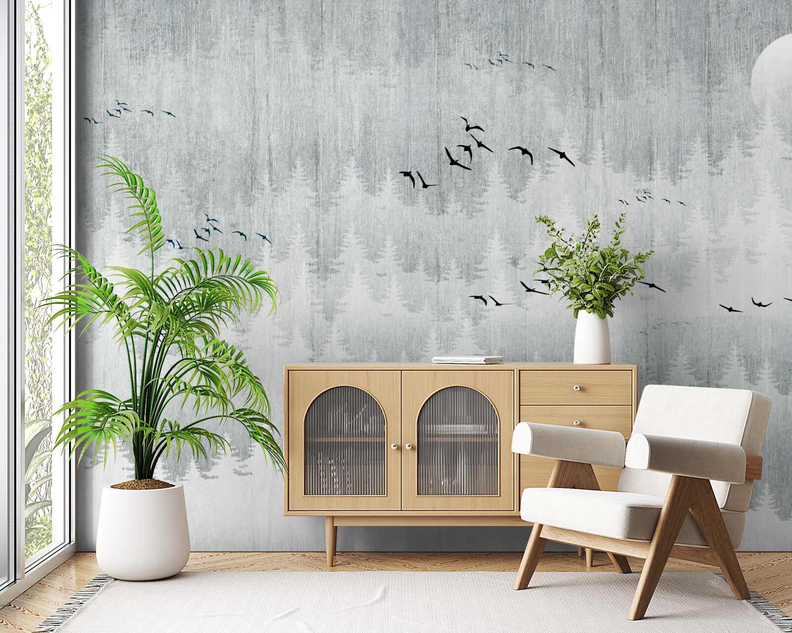 Фотошпалери птахи пролітають над лісом, вкритим туманом